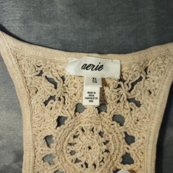Aerie Crochet Back Beige Tank Top XL Lightweight Boho Summer Layer Earth Tones - Picture 3 of 9